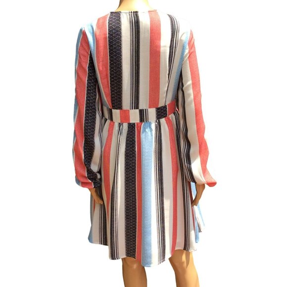 AMT Size M Long Puff Sleeve Dress Gypsy Boho Retro V-Neck Tassel Lace-up Striped - Picture 3 of 13